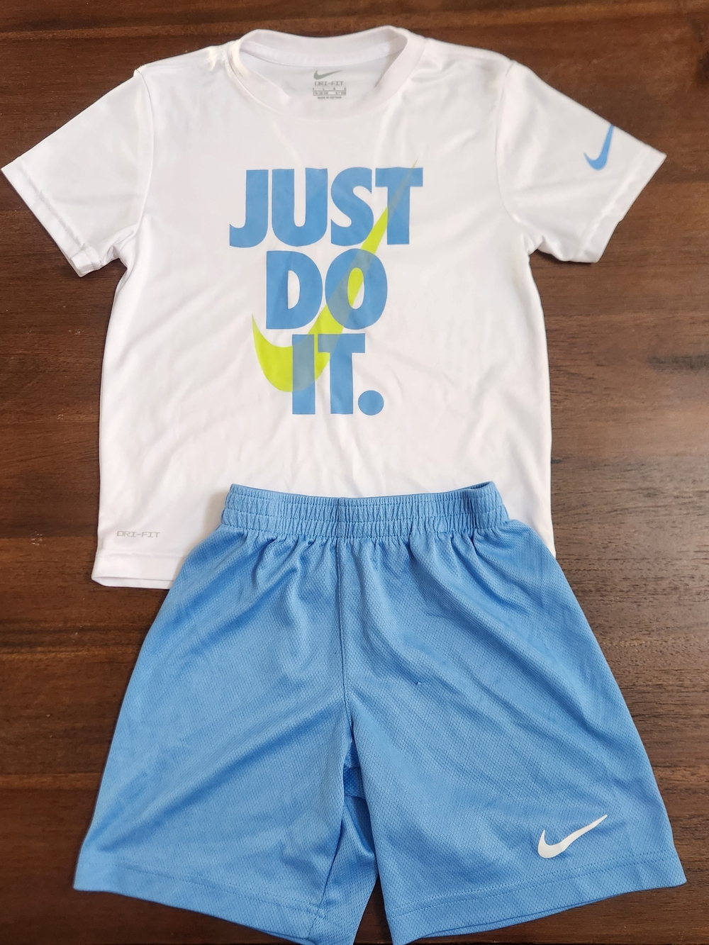 Nike White Tee with Blue & Neon Yellow 'JUST DO IT' Graphic and Blue Shorts